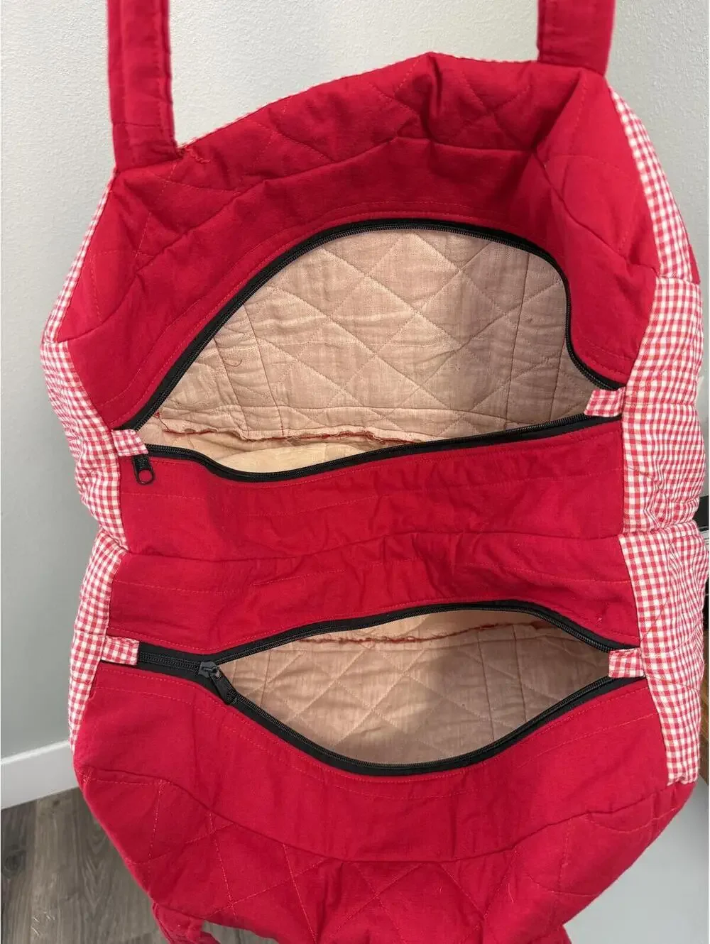Handmade Gingham Market Tote Duffle Bag with Shoulder Strap